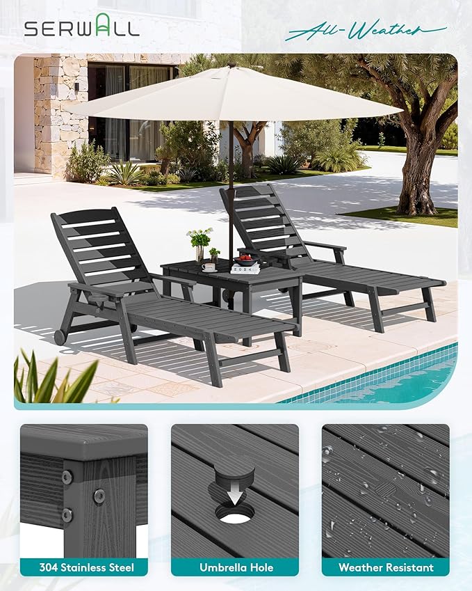 SERWALL Outdoor Coffee Table with 1.69" Umbrella Hole, HDPE Patio Coffee Table for Outside, Rectangle, Gray - Photo 5