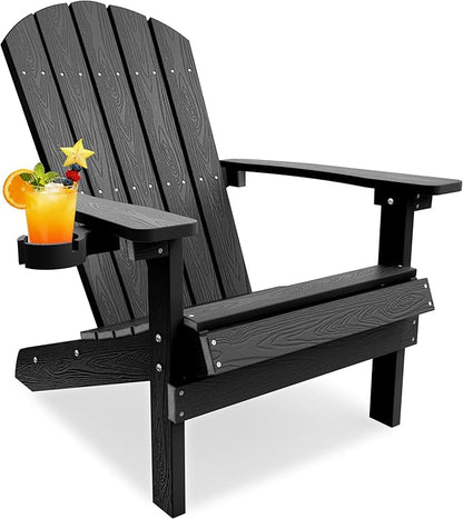 YEFU Adirondack Chair for Outdoor Patio: Zero Gravity Fire Pit Chair Plastic with Cup Holder & Wood Texture - Sturdy All-Weather HIPS for Backyard Poolside Lawn - Easy Assembly(Black)