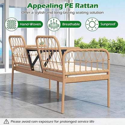 HAPPYGRILL Patio Rattan Loveseat, 2-Seat Wicker Chairs with Built-in Table, Outdoor Conversation Bench with Seat Cushions for Backyard, Front Porch, Garden