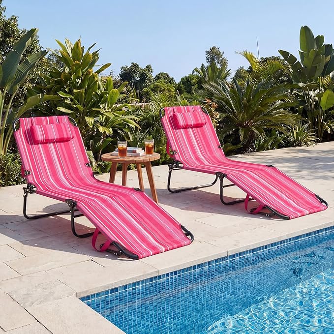 Tangkula Beach Lounge Chair, Folding Sunbathing Recliner with Face Hole, Face Down Tanning Chair with 4-Level Adjustable Backrest & 3 Removable Pillows, Chaise Lounge Chair for Patio (2, Pink Stripe)