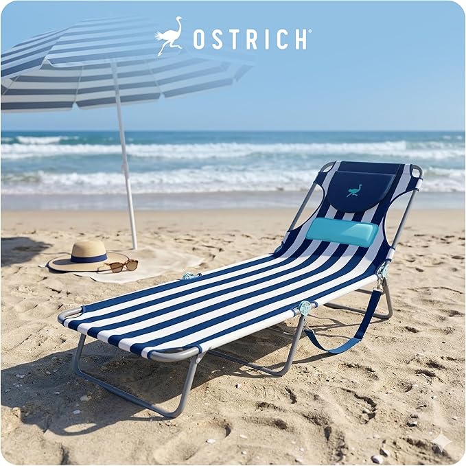 Ostrich the Ladies Comfort Lounger with Chest Support, Foldable & Portable Reclining Outdoor Patio Beach Lawn Camping Pool Tanning Chair, Blue Stripe