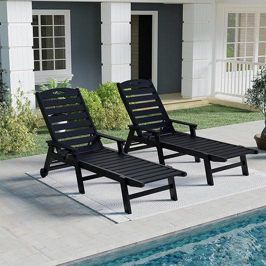 Domi Outdoor Lounge Chairs Set of 2, HDPE Pool Chaise Lounge Chairs for Poolside, Pool Loungers for Outside, Patio, Sunbathing Tanning, Black
