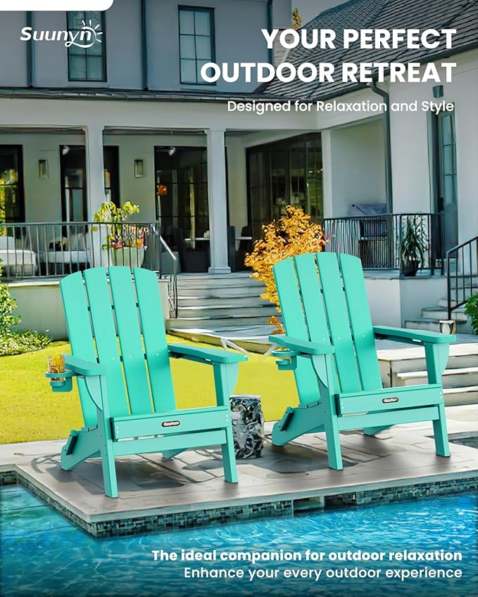 Folding Adirondack Chair 2 Pack, HDPE All-Weather Fire Pit Chairs, Plastic Adirondack Chairs with 2 Cup Holder - Photo 3