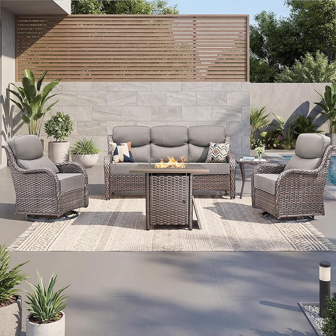 Luxury Patio Furniture Set with 6-inch Thick Cushion, Outdoor Furniture with Fire Pit Table, Swivel Chairs, Side Table - Photo 6