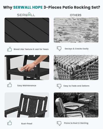 SERWALL Outdoor Rocking Chairs Set of 2 with 1 Side Table & 9ft Patio Umbrella, All-Weather HDPE 3 Piece Patio Furniture Set, Patio Bistro Set with Umbrella Hole for Porch Deck Lawn Balcony, Black