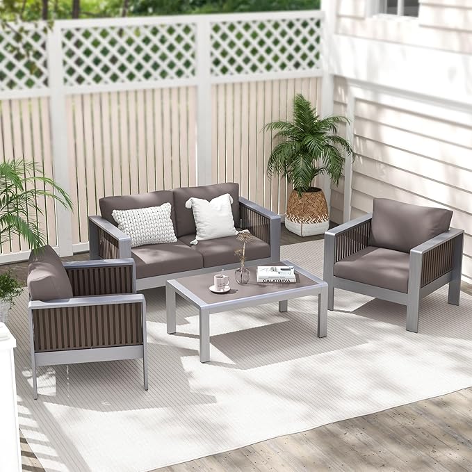Tangkula Outdoor Rectangle Coffee Table, Aluminum Side Table w/Tempered Glass Tabletop & Lightweight Aluminum Frame, Patio End Table for Backyard, Garden, Poolside (Gray)