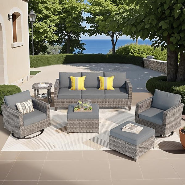 ovios Patio Furniture Set, 6 Pieces Outdoor Wicker Sofa Couch with Swivel Rocking Chairs Ottomans Comfy Cushions Rattan - Photo 1