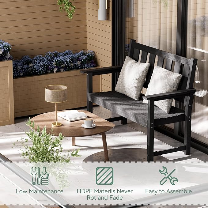 HDPE Outdoor Bench – 50'' Weatherproof Durable Garden Bench, 2-Person Park Bench, Multi-Purpose Design Ideal for Porch, Patio, Church, and School (Black)