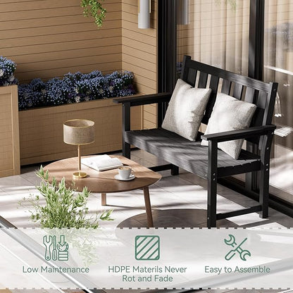HDPE Outdoor Bench – 50'' Weatherproof Durable Garden Bench, 2-Person Park Bench, Multi-Purpose Design Ideal for Porch, Patio, Church, and School (Black)