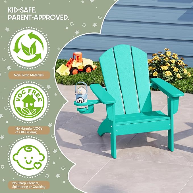 WestinTrends Malibu 3-Piece Kids HDPE Adirondack Chairs Set with Square Side Table and Cup Holders, Turquoise
