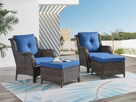 HUMMUH 4 Pieces Patio Bistro Set Wicker Patio Chairs Set of 2 with Ottomans Rattan Outdoor Furniture Conversation Set for Yard,Garden,Porch…