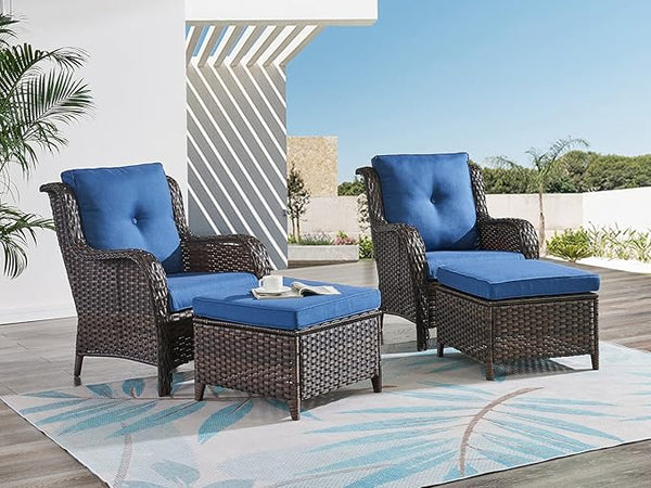 HUMMUH 4 Pieces Patio Bistro Set Wicker Patio Chairs Set of 2 with Ottomans Rattan Outdoor Furniture Conversation Set - Photo 1