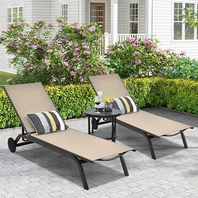 COSTWAY 2 PCS Outdoor Patio Chaise Lounge, 6-Position Adjustable Pool Lounger with Stable Aluminum Frame, Portable Sun Bathing Lounge Chair on Wheels for Backyard Garden, Brown