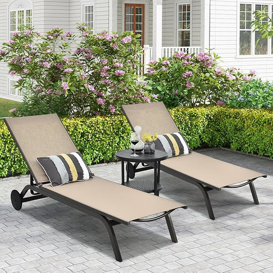 COSTWAY 2 PCS Outdoor Patio Chaise Lounge, 6-Position Adjustable Pool Lounger with Stable Aluminum Frame, Portable Sun Bathing Lounge Chair on Wheels for Backyard Garden, Brown
