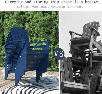 Stackable Adirondack Chair Set of 4, HDPE All-Weather Adirondack Chairs - Durable and Space Saving, Plastic Outdoor Fire Pit Chairs with Cup Holder,Navy Blue