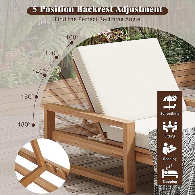 LZ LEISURE ZONE Outdoor Chaise Lounge, 5-Position Adjustable Lounge Chair with Cushion & Adjustable Backrest, Sun Lounger for Backyard, Garden, Poolside (Light Teak + Beige Cushion)