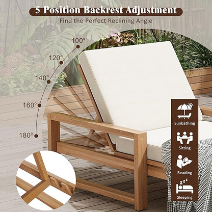 LZ LEISURE ZONE Outdoor Chaise Lounge 2 Pcs, 5-Position Adjustable Lounge Chair with Cushion & Adjustable Backrest, Set of 2 Sun Lounger for Backyard, Garden, Poolside (Light Teak + Beige Cushion)