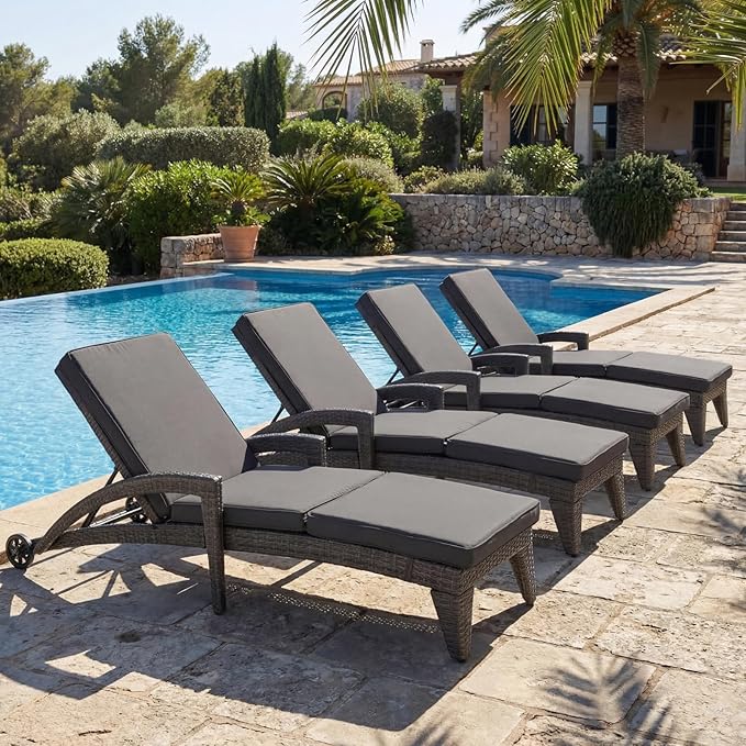 Patio Chaise Lounge Set of 4, Wicker Lounge Chairs Outdoor with Wheels, Heavy Duty Lounger Chair Outdoor - Photo 1