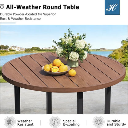 42" Round Patio Dining Table for 4, All-Weather Metal Patio Table with Umbrella Hole, Outdoor Round Dining Table for Lawn Garden Porch, Walnut,