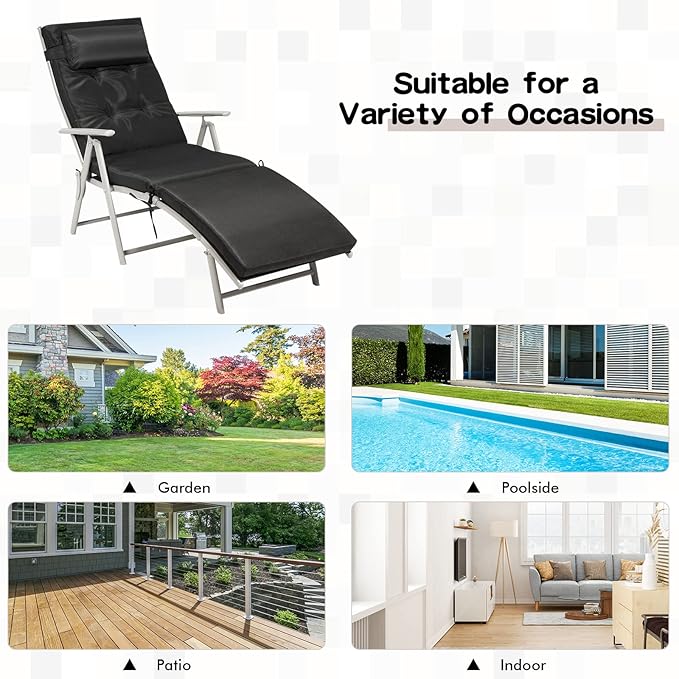 Giantex Chaise Lounge Chair for Outside, Pool Folding Reclining Beach Chair W/Removable Cushion&Headrest Pillow, Outdoor Lounge Chaise w/ 7 Backrest Positions, Portable Patio Lounger (2, Black)