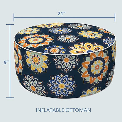 LVTXIII Inflatable Stool Ottoman Footrest with Handle, Decorative Fade-Resistant Foot Stool, Indoor or Outdoor Pouf for Home Garden and Camping Use, D21 x W 21 x H9, Bloom Medallion‌ Cobalt