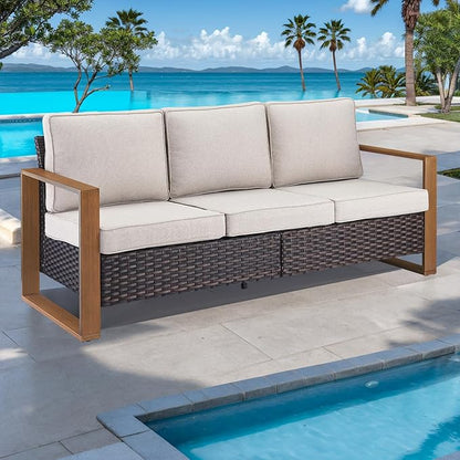Rilyson Outdoor Couch Wicker Patio Sofa, Rattan Patio Furniture Sofa with Sturdy Frame,All-Weather PE Wicker,Wide Armrest,Deep Seating and Thick Cushions for Deck Porch Garden(Brown/Beige)