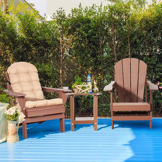 Oversized Adirondack Chair with Cushion & Cup Holder, HDPE Weather Resistant Folding Adirondack Chair for Adults, Outdoor Fire Pit Chairs for Patio/Porch/Swimming Pool/Garden (1, Brown)