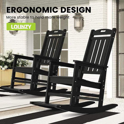 LOUNZY Outdoor Rocking Chair with Footboards Set of 6, HDPE Rocking Chair Patio Porch Rocker with 380lbs Support for Adult, Black