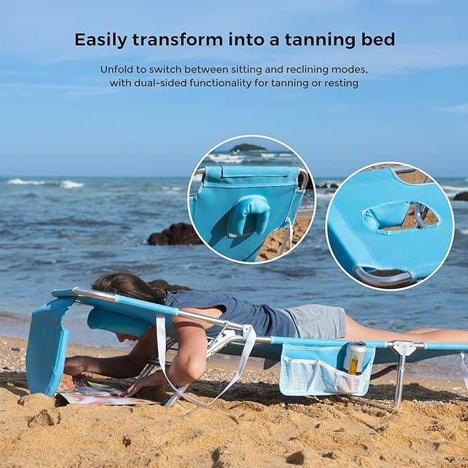 SUNNYFEEL Beach Lounge Chair, Aluminum Tanning Chair with Face Hole, Foldable Lounge Chair Outdoor, Sun Tanning Chair with Backpack Straps for Outdoor/Picnic/Lawn