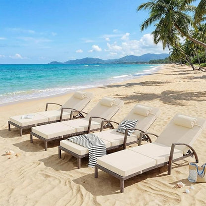 GarveeHome Outdoor Chaise Lounge Set of 2, Weather-Resistant PE Rattan Recliners with 5 Adjustable Positions, Wheels, Armrests, Cushions & Pillows, Collapsible for Poolside, Deck