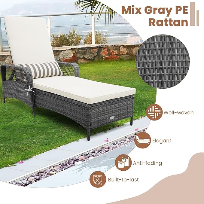 Tangkula Wicker Chaise Lounge Outdoor, Patio Rattan Reclining Chaise with 6-Gear Adjustable Backrest - Photo 8