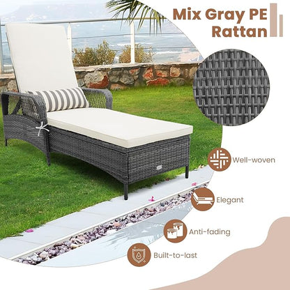 Tangkula Wicker Chaise Lounge Outdoor, Patio Rattan Reclining Chaise with 6-Gear Adjustable Backrest, Thick Padded Cushion & Removable Lumbar Pillow, Pool Lounge Chairs for Outside Balcony Backyard