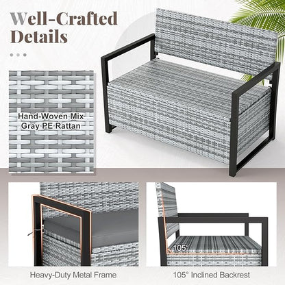 RELAX4LIFE Wicker Outdoor Bench with Storage - Rattan Deck Box w/Protective Liner for Pillows, Pool Supplies, Garden Tools, Patio Loveseat with Seat Cushion & Metal Armrests for Backyard Porch Balcony