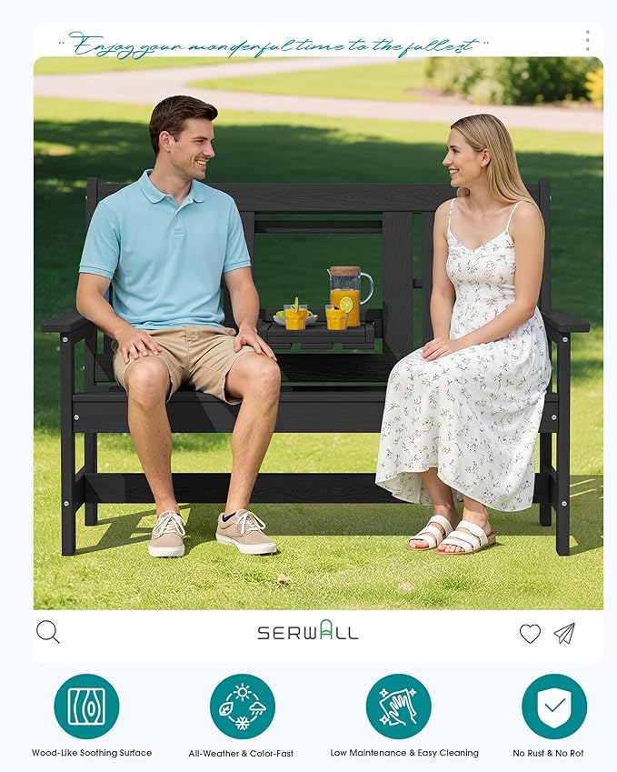 SERWALL Outdoor Bench with Cup Holder, 58" HDPE Garden Park Bench Suitable for 3 Person - Photo 9
