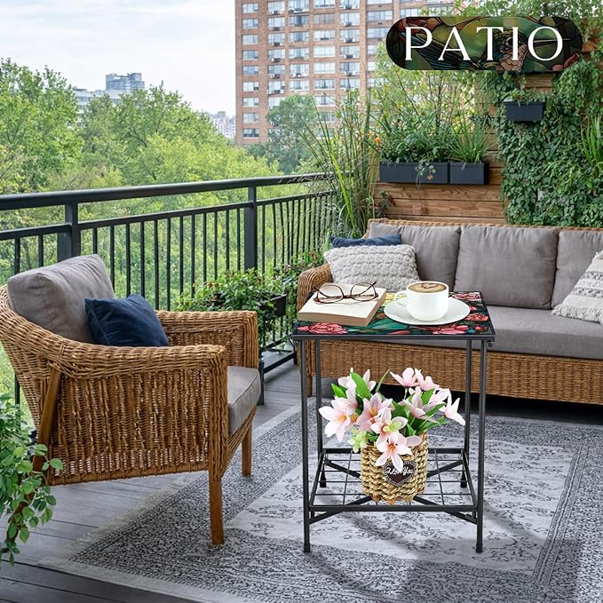 Outdoor Side Table 2-Tier Storage Square Small Mosaic Patio Accent Indoor End Plant Coffee Tea Table for Yard Patio - Photo 7