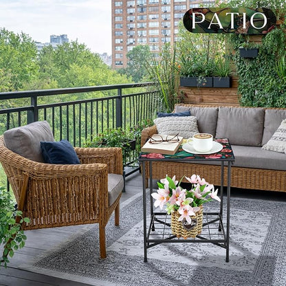 Outdoor Side Table 2-Tier Storage Square Small Mosaic Patio Accent Indoor End Plant Coffee Tea Table for Yard Patio Porch Garden Living Room, Bedroom(Hummingbird Style)