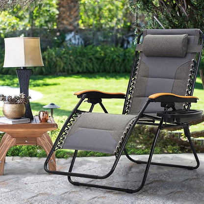 MAISON ARTS Oversized XXL Padded Zero Gravity Chair, 30" Wide Seat Foldable Patio Recliner, Anti Gravity Outdoor Lawn Chair with Cup Holder & Pillow, Supports 400lbs, Grey