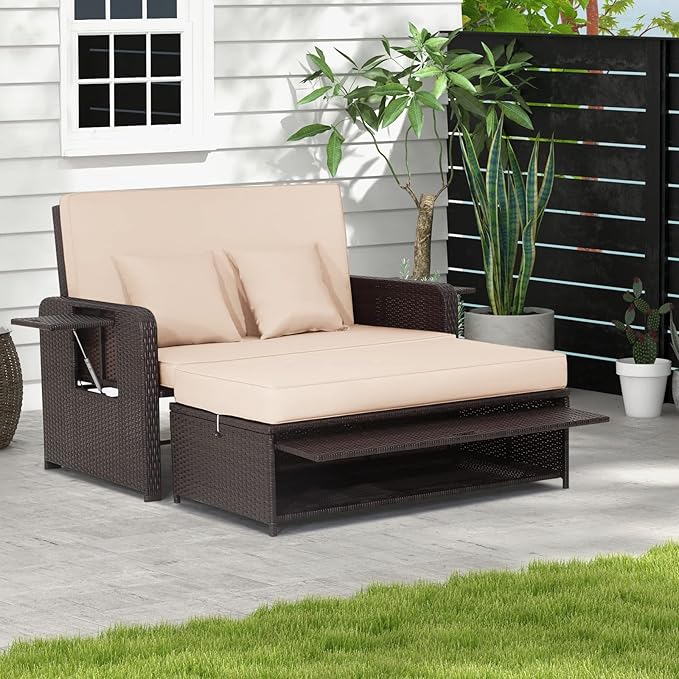 COSTWAY Patio Rattan Daybed with Cushions, Outdoor Wicker Loveseat Sofa with Storage Ottoman - Photo 2