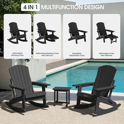 Adirondack Rocking Chair with Retractable Ottoman Set of 2, 4-in-1 Foldable Reclining Patio Chair, HDPE Wood-Look Outdoor Rocker for Porch, Garden & Poolside, Black