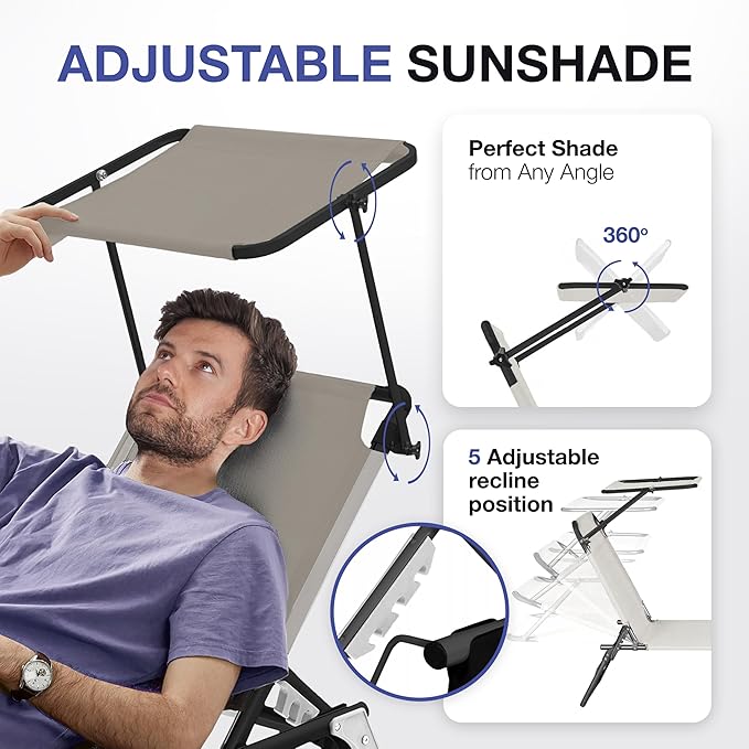 Folding Outdoor Lounge Chair Set of 2 with Adjustable Shade Canopy, Portable Sun Tanning Chairs, Gray (2, Taupe)