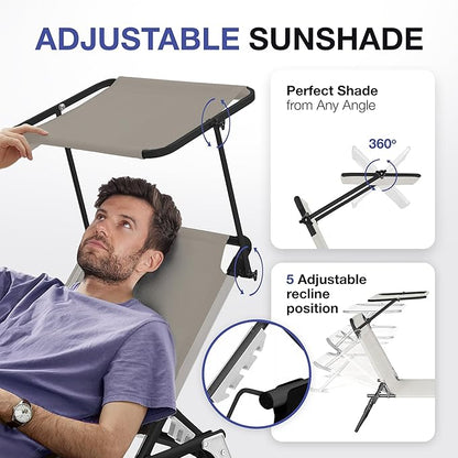 Folding Outdoor Lounge Chair Set of 2 with Adjustable Shade Canopy, Portable Sun Tanning Chairs, Gray (2, Taupe)