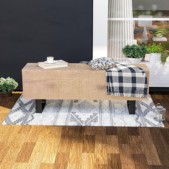 HOMPUS Outdoor Concrete Bench, Patio Bench w Faux Wood, 48" Garden Bench Log Table, MgO and Rustic Metal Legs in Light Brown for Proch, Backyard or Lawn, Light Brown