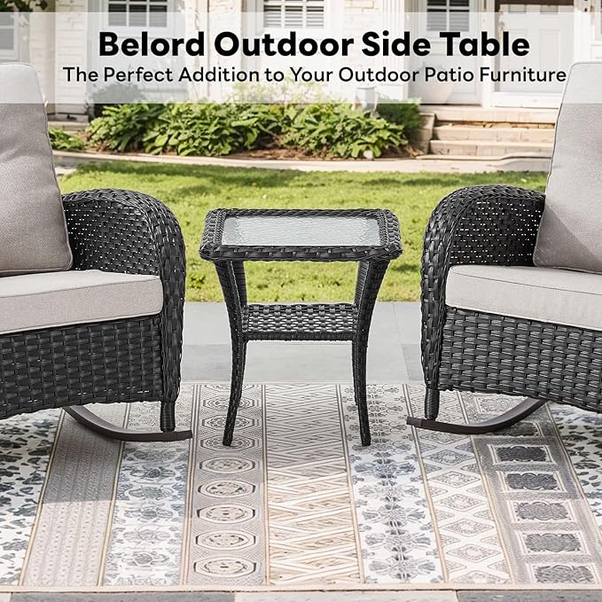 Belord Handwoven Wicker Side Table - 20 Inch Small Outdoor Table 2 Tier Storage with Tempered Glass Top, All Weather Outdoor Patio End Tables for Deck Balcony Outside Black