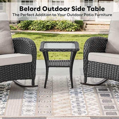 Belord Handwoven Wicker Side Table - 20 Inch Small Outdoor Table 2 Tier Storage with Tempered Glass Top, All Weather Outdoor Patio End Tables for Deck Balcony Outside Black