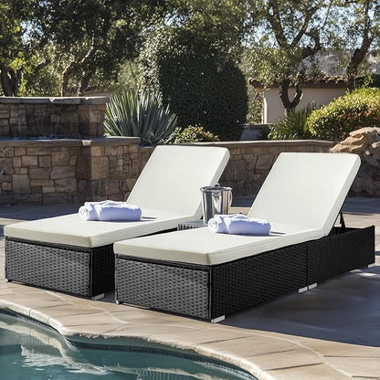 VINGLI Outdoor Chaise Lounge, Wicker Recliner w/Adjustable Backrest, Thick Water Repellent Cushions, Patio Rattan Lounge Chairs for Lawn, Beach, Balcony, Poolside (Black)