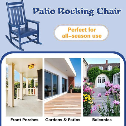 Outdoor Rocking Chair for Adults, High Back Patio Rocking Chair, HDPE All Weather Resistant Porch Rocker for Lawn, Porch, Backyard, Indoor and Garden (Navy Blue)