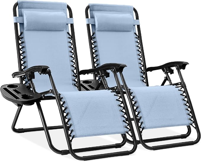 Best Choice Products Set of 2 Adjustable Steel Mesh Zero Gravity Lounge Chair Recliners w/Pillows and Cup Holder Trays - Photo 1