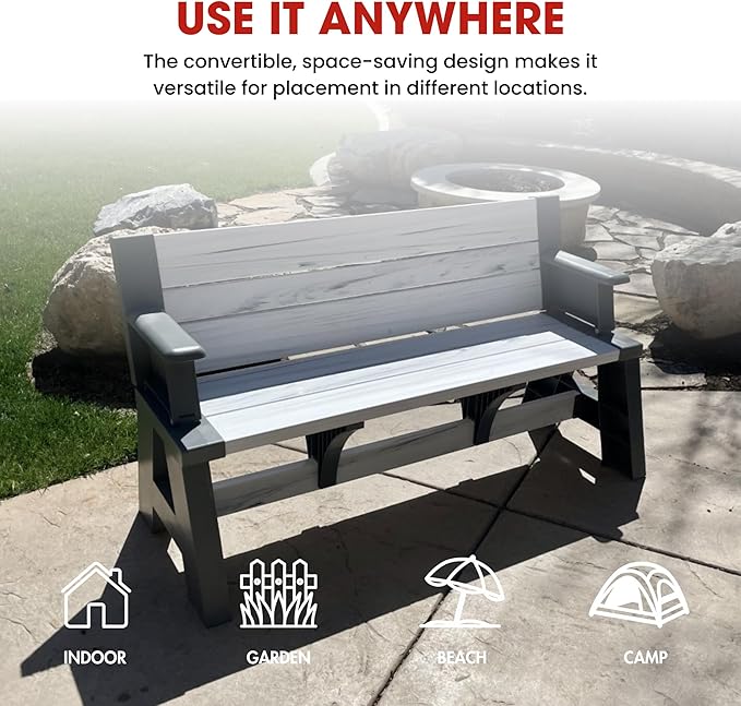 Convert-a-Bench Gen 1 2in1 Outdoor Convertible Bench to Picnic Table | Space-Saving Weather-Resistant Patio Furniture for Yard Deck Garden | Easy Assembly & Durable-1 Bench/Order, Platinum White Birch