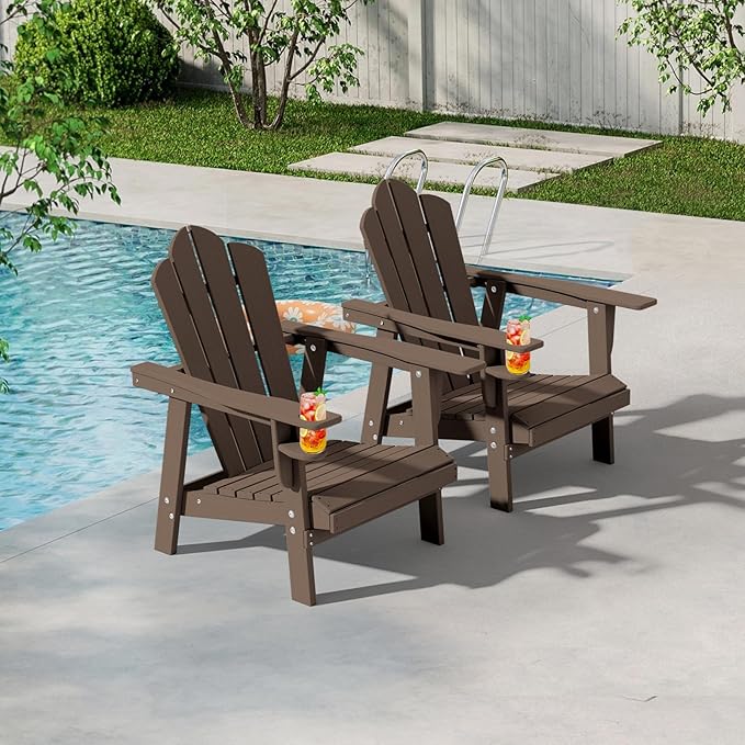 PROHIKER Adirondack Chair Set of 2, HDPE Outdoor Patio Chair with Cup Holder All Weather Outdoor Chairs for Lawn Garden Porch Backyard, Plastic, Brown