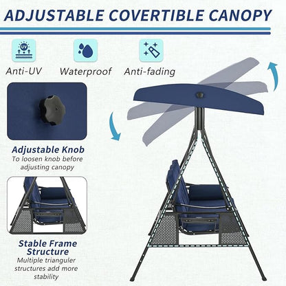 AECOJOY Outdoor Porch Swing, 3-Seat Porch Swing with Adjustable Canopy, Outdoor Swings for Adult with Dark Blue Removable Cushions for Backyard, Garden, Yard, Poolside, Balcony